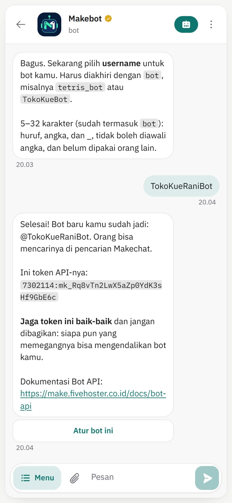 Percakapan Makebot di ponsel yang memperlihatkan contoh alur membuat dan mengelola bot.