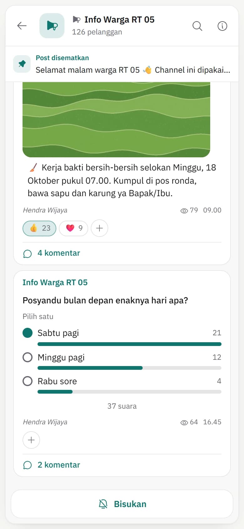 Channel Makechat di ponsel dengan pengumuman warga, reaksi, dan polling contoh.