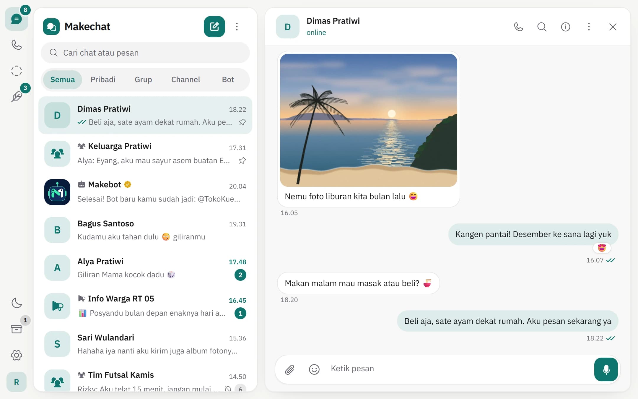 Makechat di desktop dengan daftar percakapan dan obrolan pribadi berisi pesan serta foto contoh.