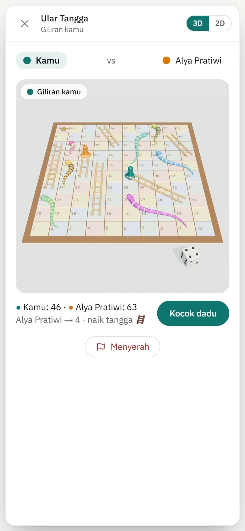 Papan ular tangga 3D di Makechat dengan bidak dan dadu dari pertandingan contoh.