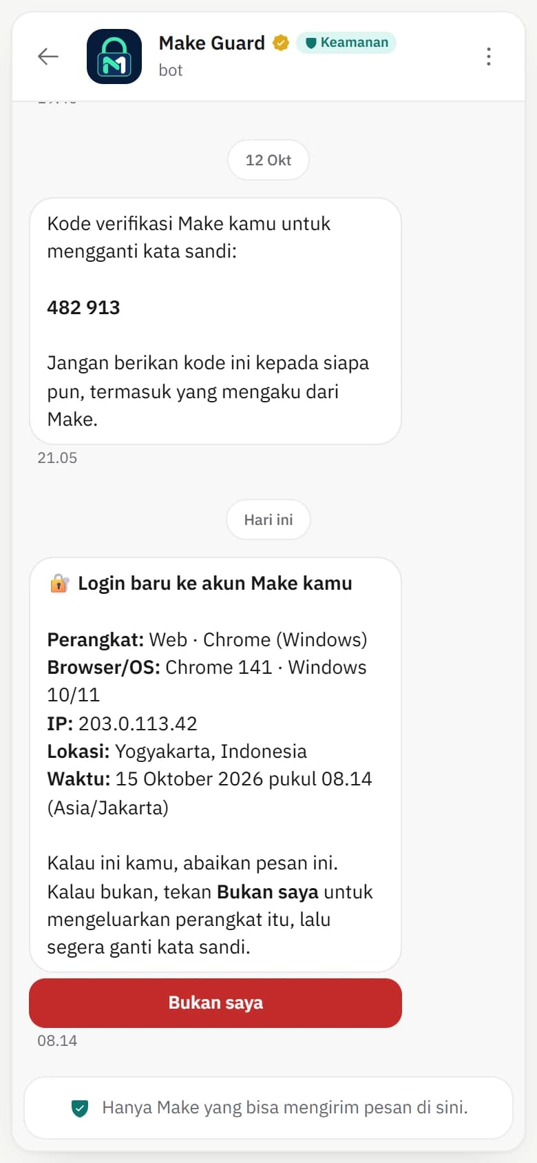 Make Guard di ponsel dengan contoh pemberitahuan masuk akun dan kode verifikasi.