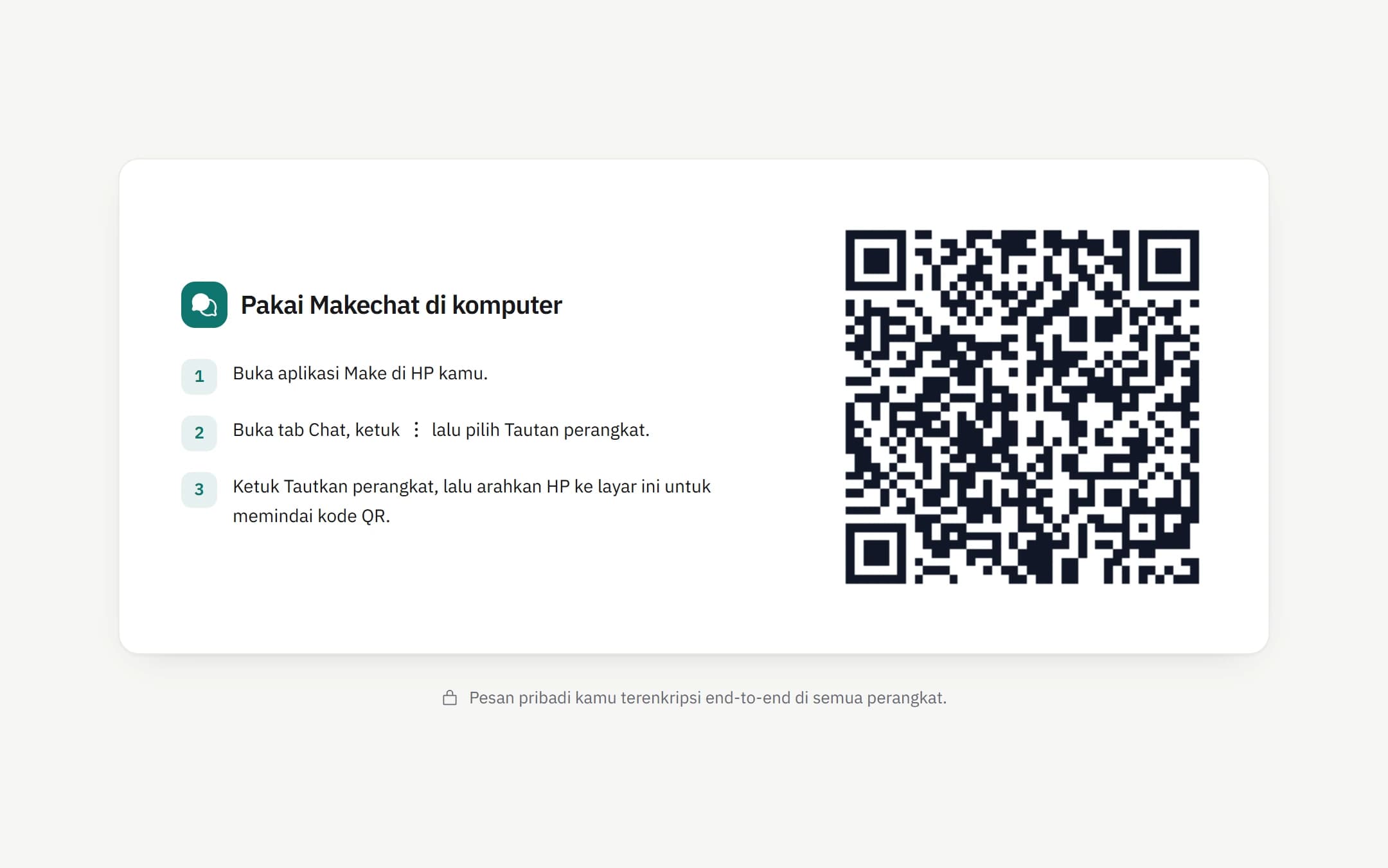 Layar penghubung perangkat Makechat dengan kode QR contoh untuk membuka chat di browser.