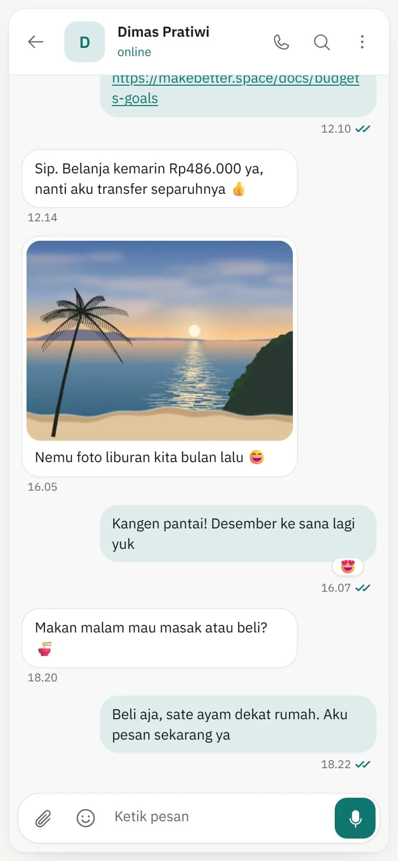 Obrolan pribadi Makechat di ponsel dengan pesan, reaksi emoji, dan foto dari percakapan contoh.