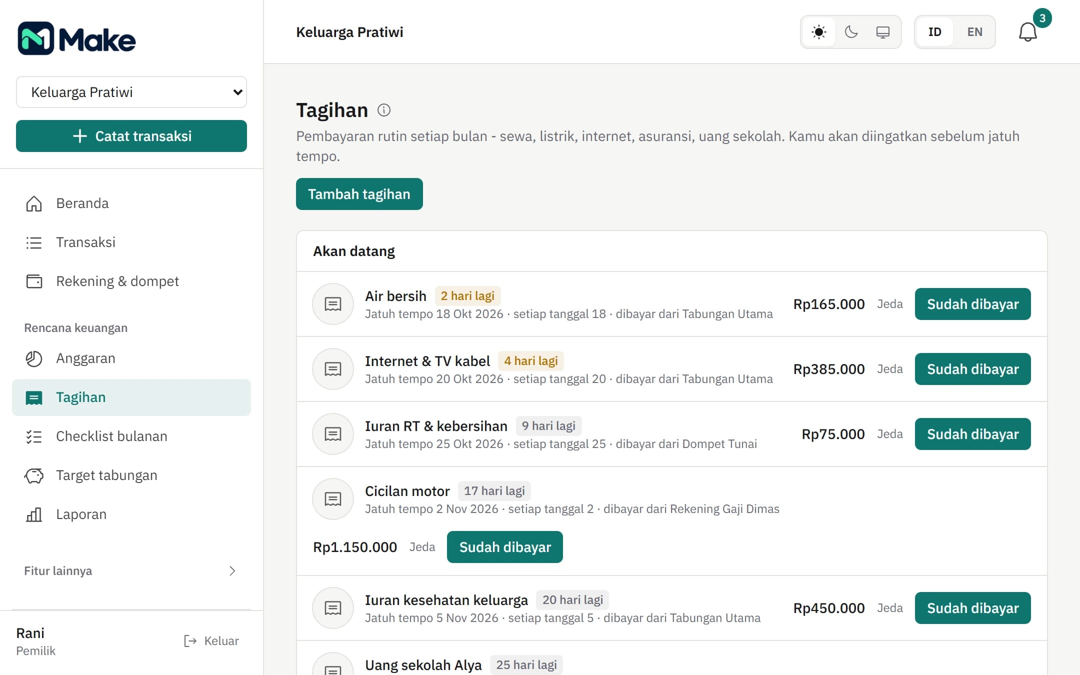 Daftar tagihan berulang Make dengan nominal, tanggal jatuh tempo, dan status dari data contoh.