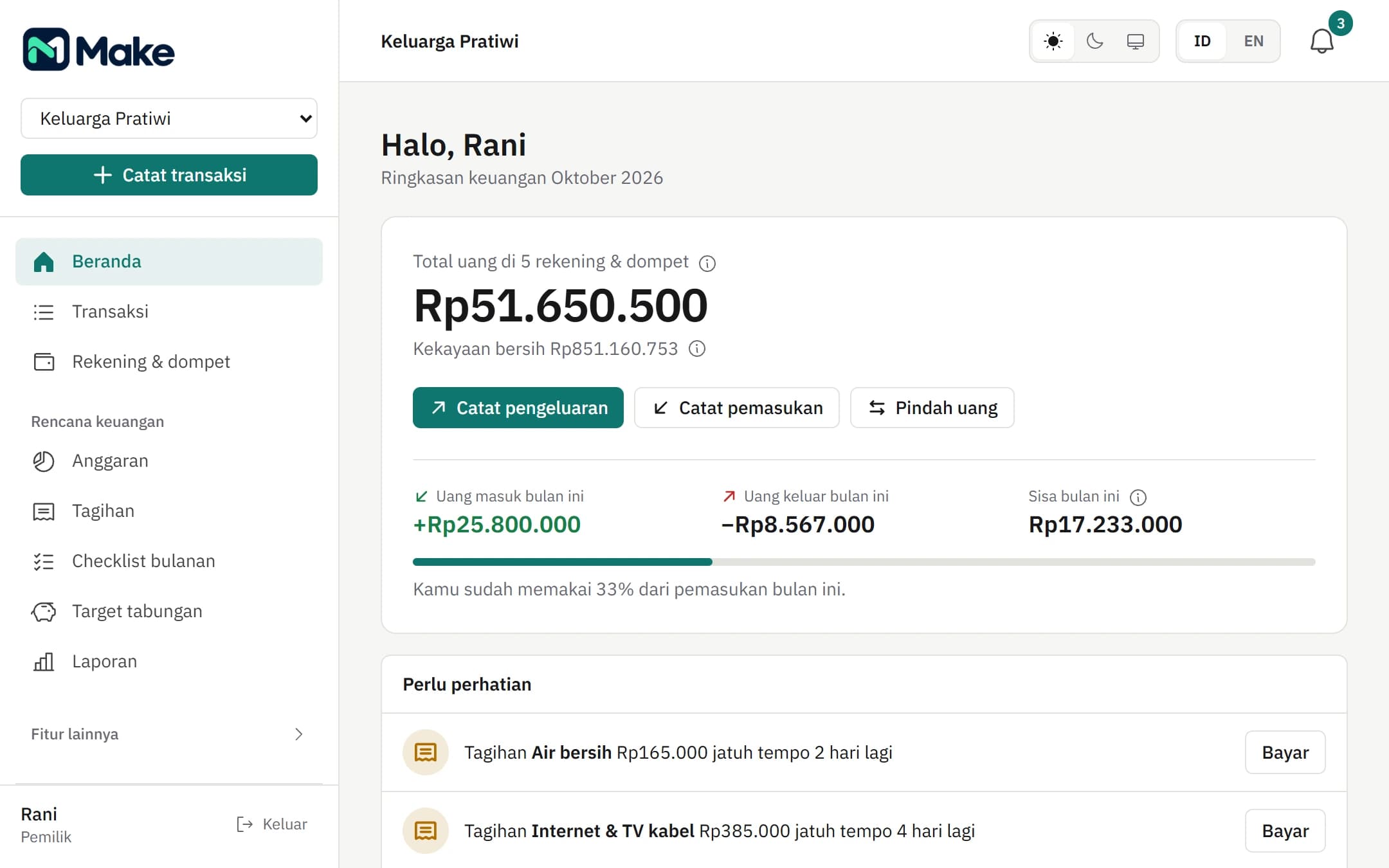 Dashboard keuangan Make di desktop dengan ringkasan saldo, pemasukan, pengeluaran, dan pengingat tagihan contoh.