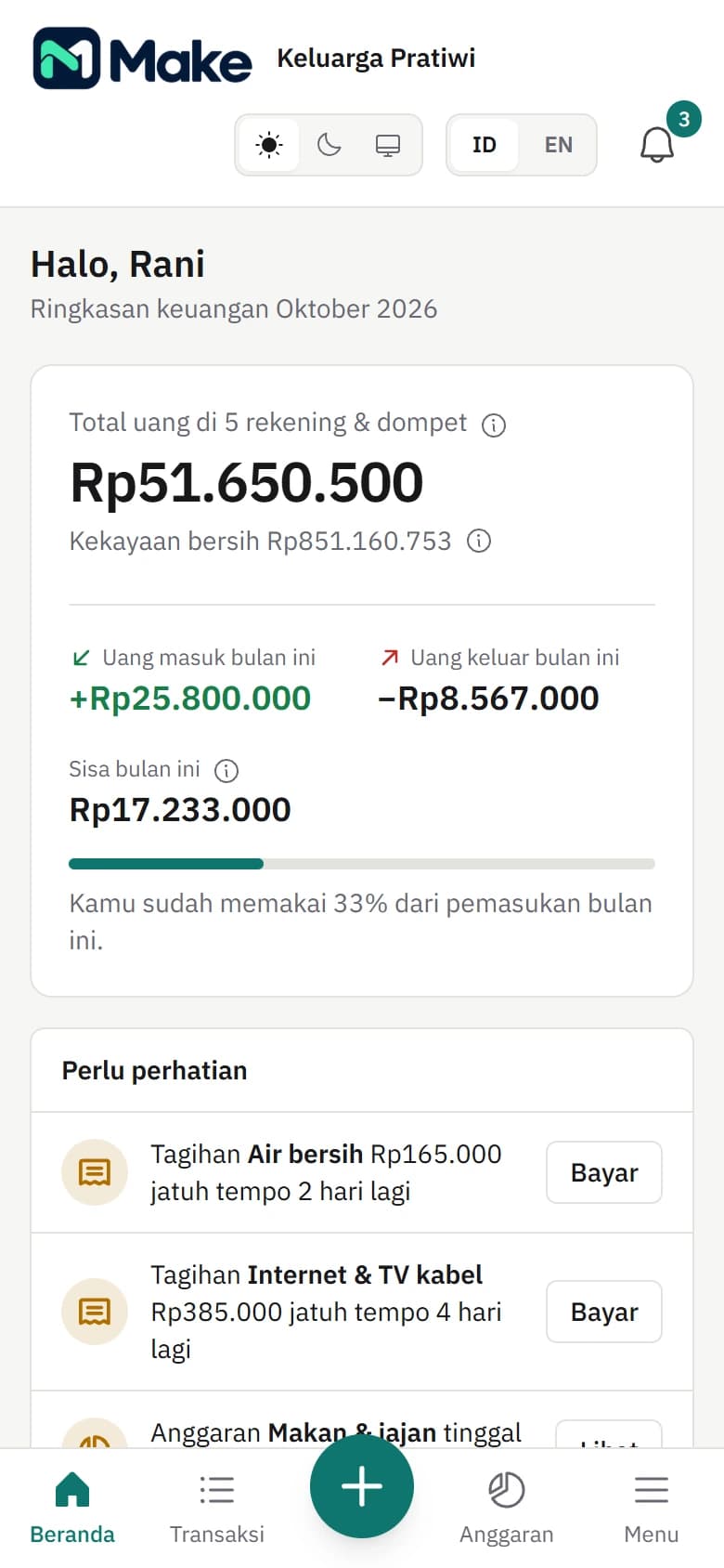 Dashboard keuangan Make di ponsel dengan ringkasan saldo dan arus uang dari data contoh.