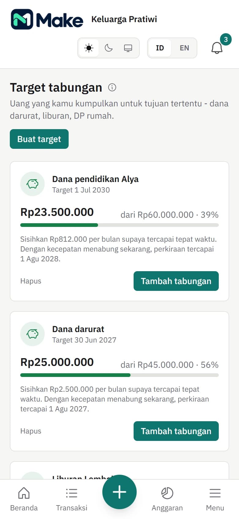 Target tabungan Make di ponsel dengan progres dana pendidikan dan dana darurat dari data contoh.