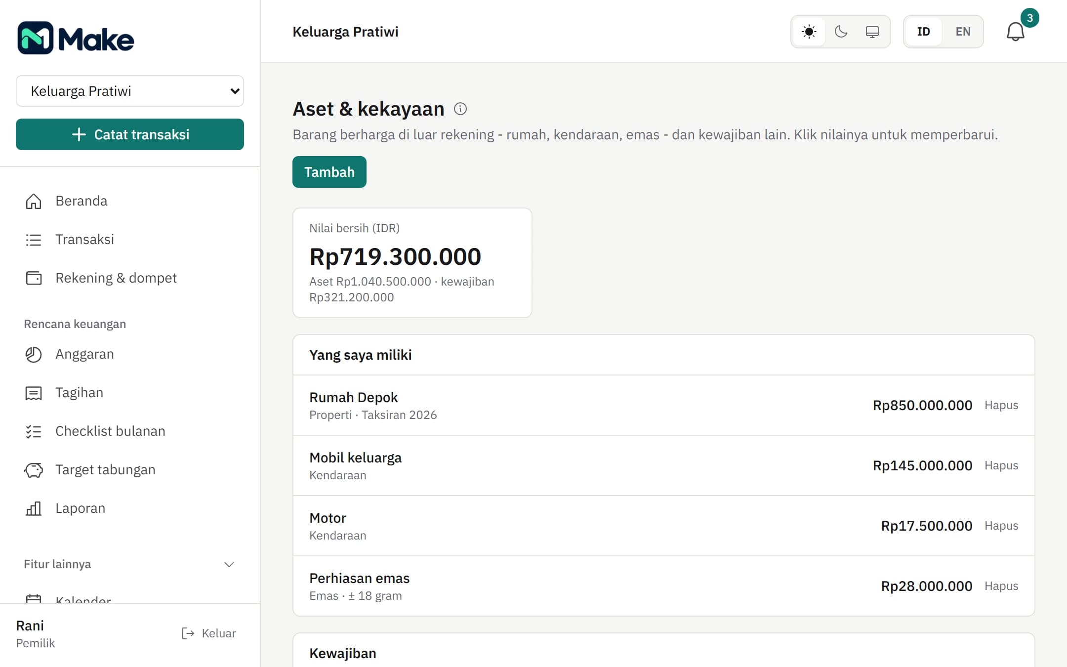 Kekayaan bersih Make dengan ringkasan aset, kewajiban, dan daftar aset keluarga contoh.