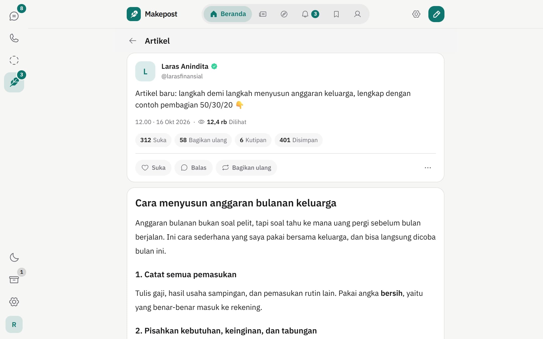 Artikel contoh di Makepost tentang menyusun anggaran bulanan keluarga.