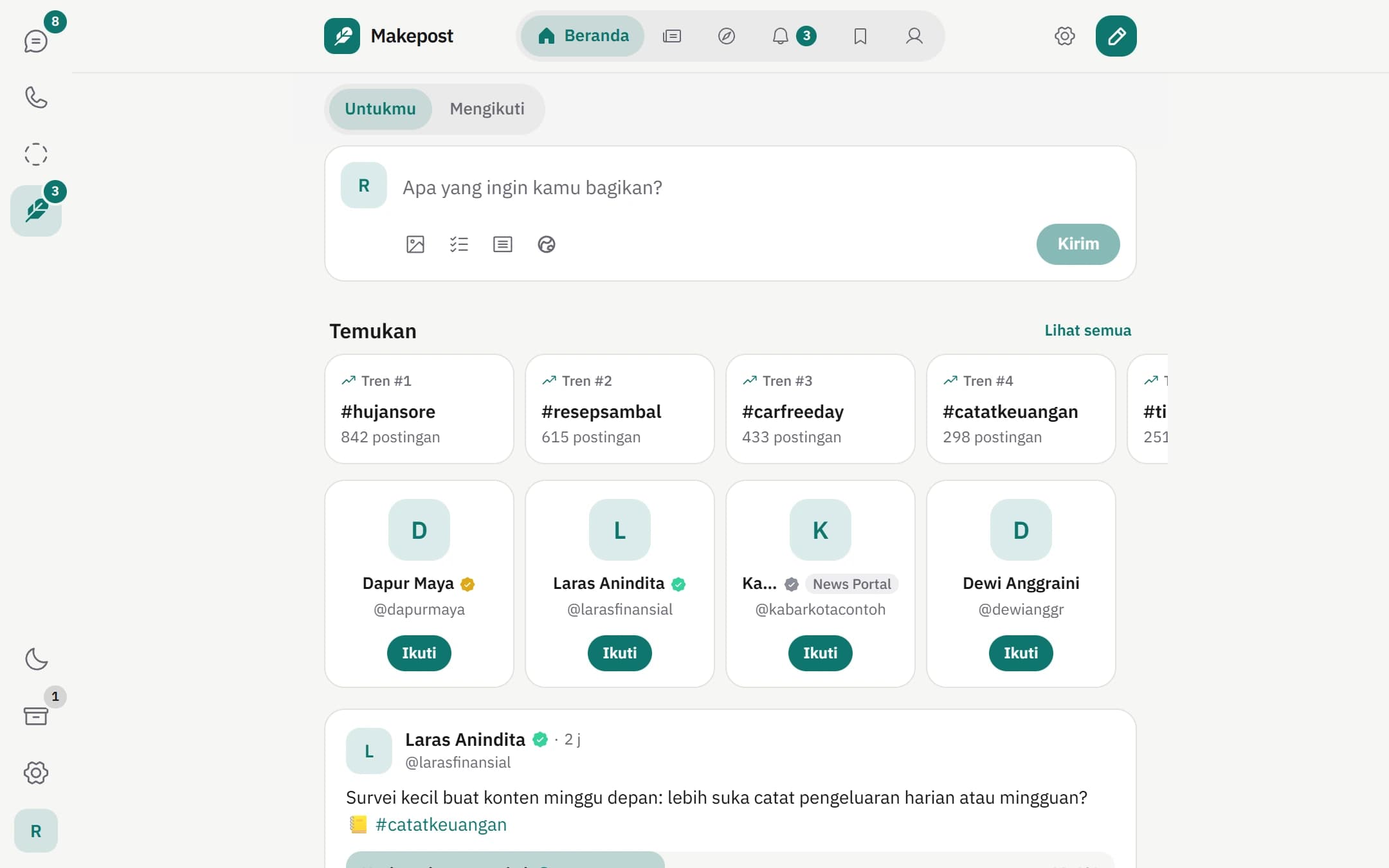 Beranda Makepost di desktop dengan kolom menulis post, tren tagar, dan saran akun contoh.