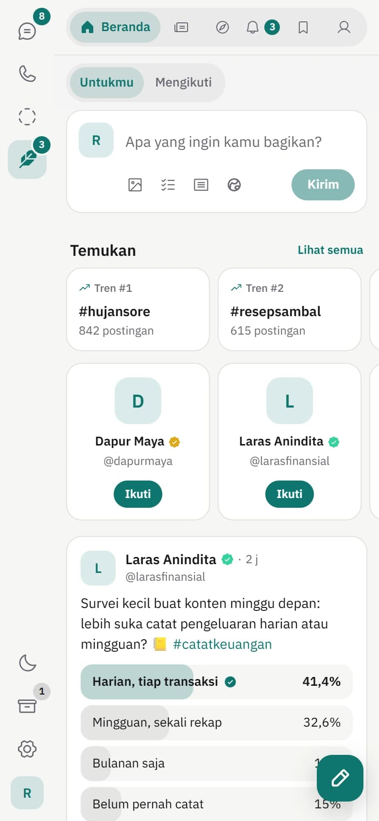 Beranda Makepost di ponsel dengan post dan interaksi dari akun contoh.