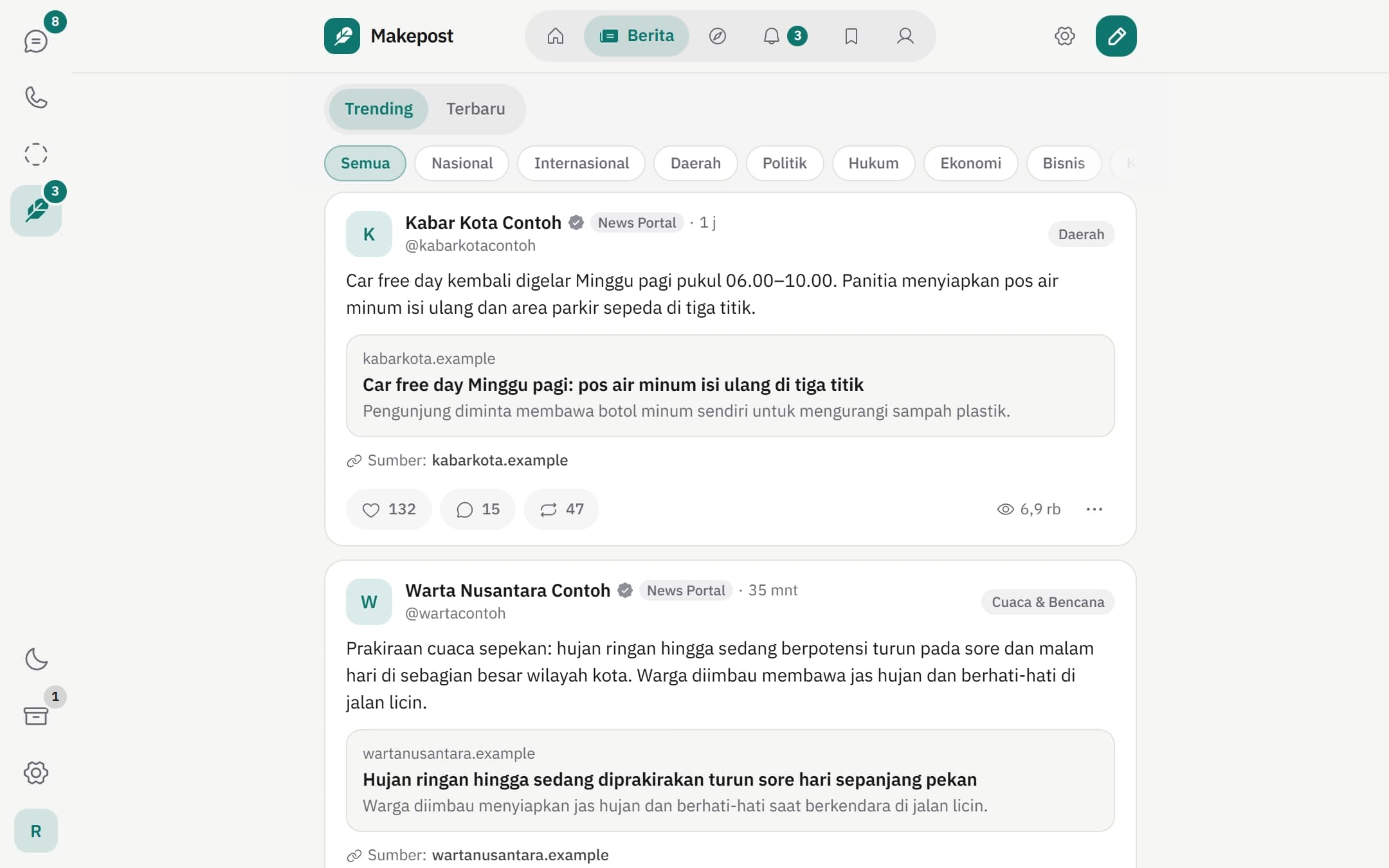 Feed berita Makepost dengan kategori dan kartu berita dari portal contoh.