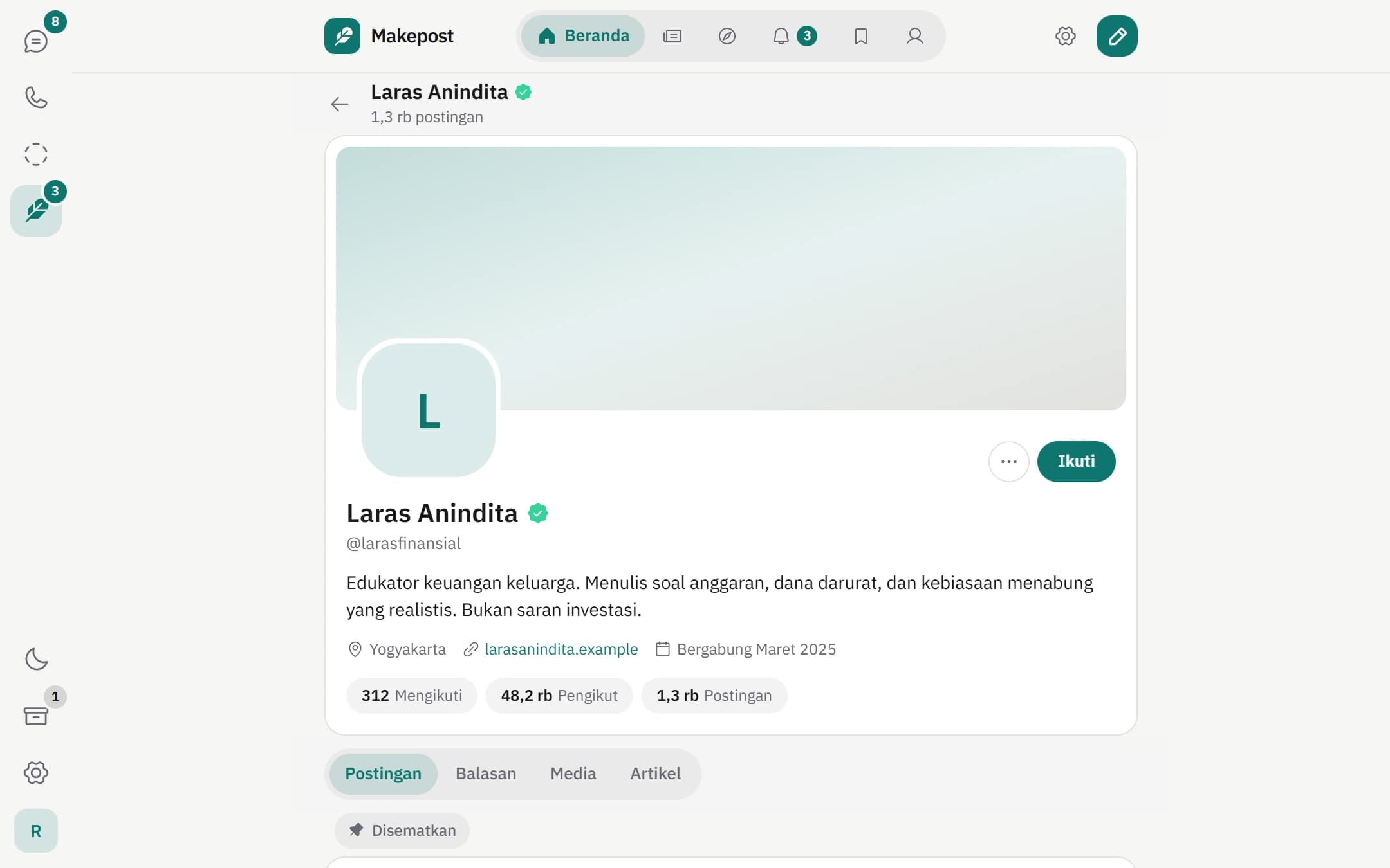 Profil akun contoh di Makepost dengan bio dan daftar post.