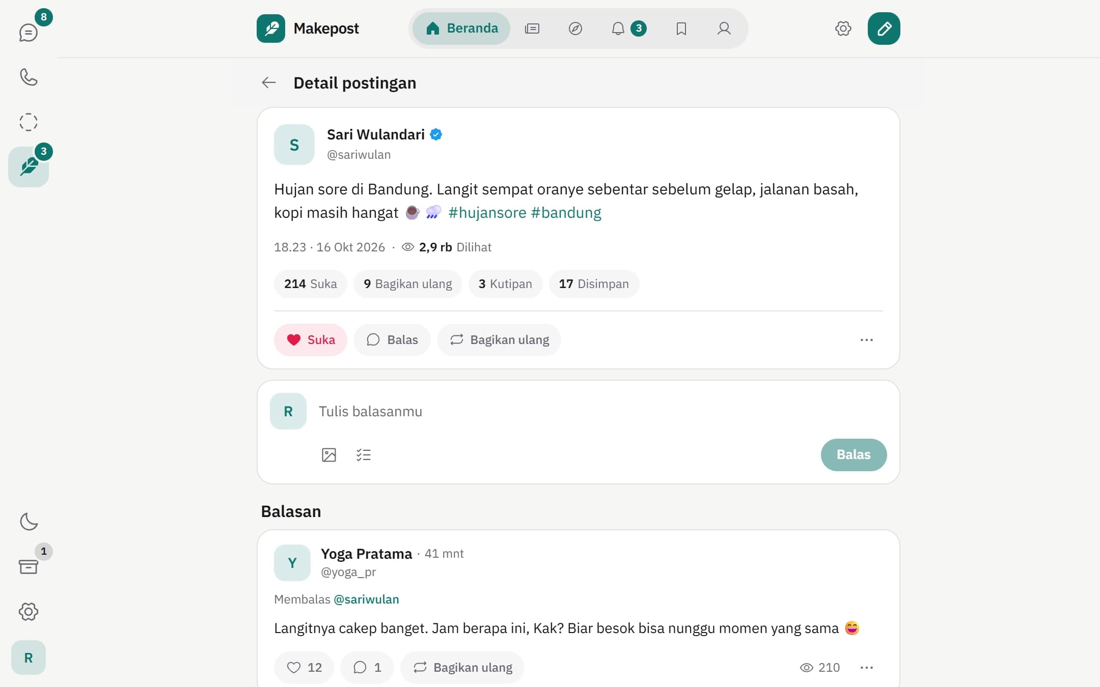 Detail post Makepost dengan teks dan rangkaian balasan dari percakapan contoh.