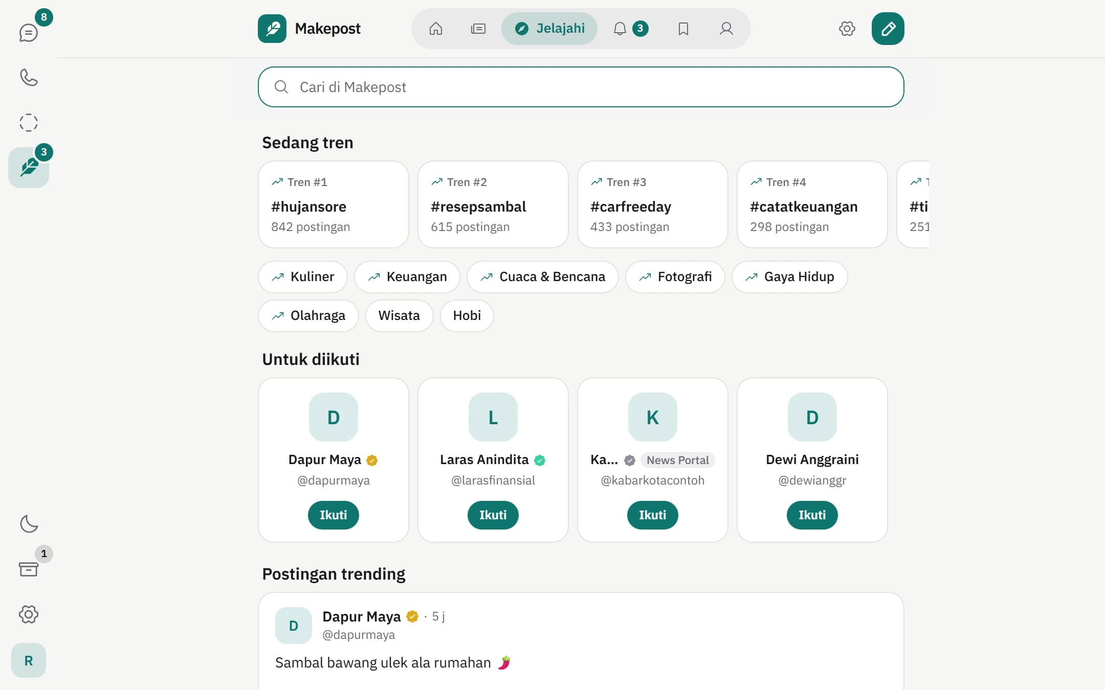Halaman trending Makepost dengan tagar, topik, dan post dari data contoh.